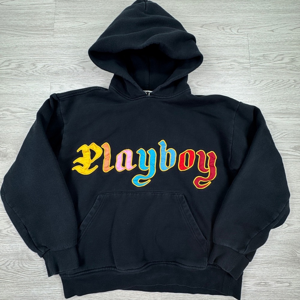 Playboy Men's Hoodie PacSun Gothic Logo Pullover Black Small Multi Color Graphic